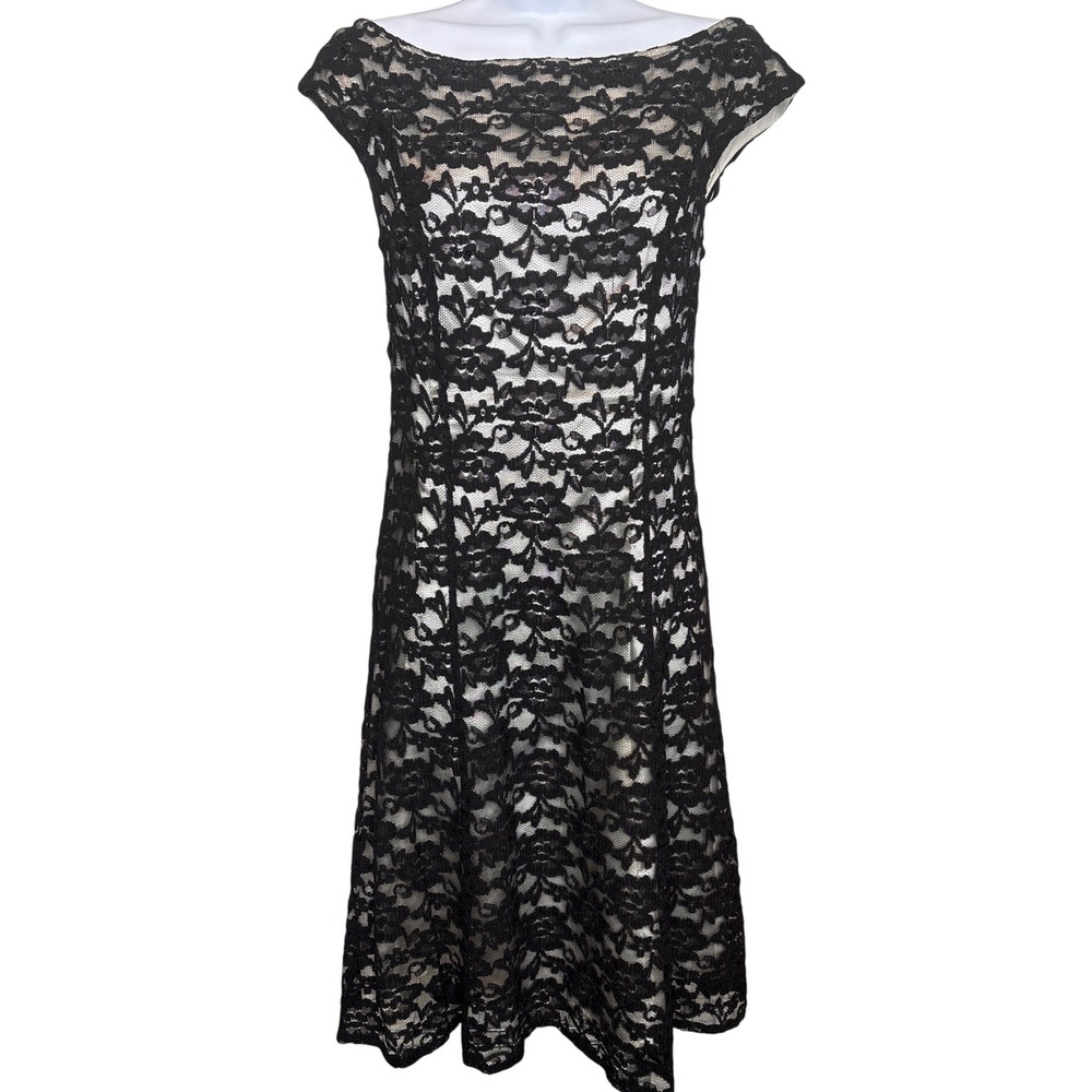 Delaru Womens Black Floral Lace Sequin Cocktail Dress Sz 10 Luxe Party Elegant